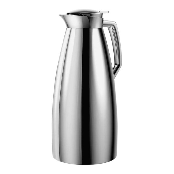 A silver metal EMSA coffee carafe with a handle and quick tip closure.