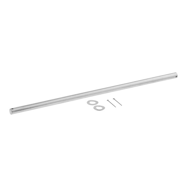 A stainless steel Lavex axle kit with a long metal rod, screws, and metal rings.