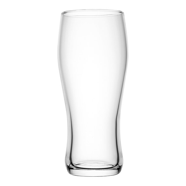 A clear Pasabahce Nevis pilsner glass on a white background.