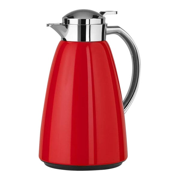 A red and silver metal carafe with a stainless steel handle.
