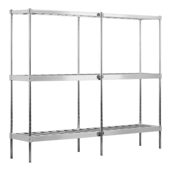 A metal keg rack with four shelves.