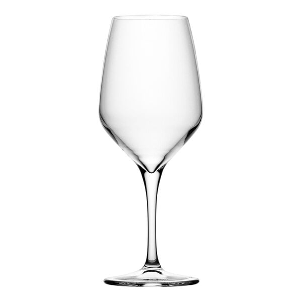A close-up of a Pasabahce clear wine glass with a stem.