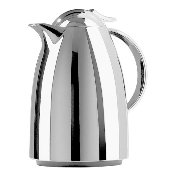 A silver metal carafe with a handle and quick tip closure.