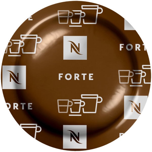 A brown Nespresso Professional Forte coffee capsule box on a counter.