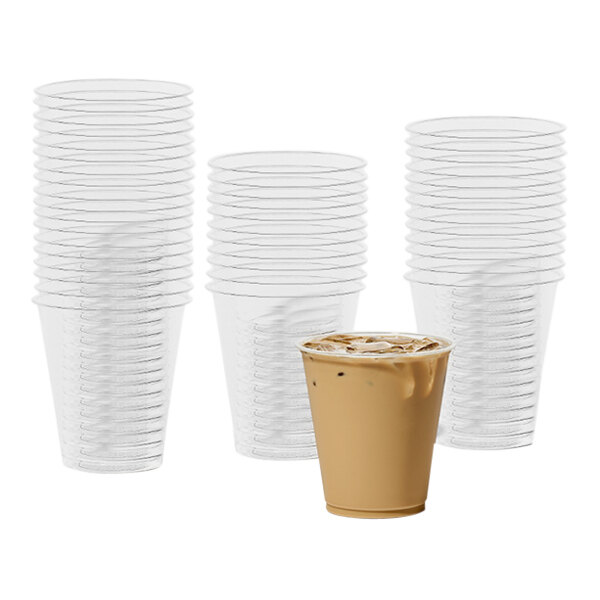 A stack of Tossware clear plastic cups on a white background.