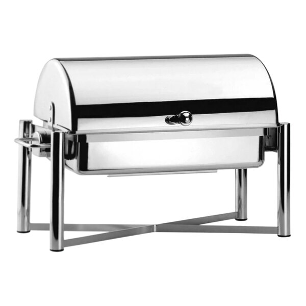 A Hepp stainless steel chafer with porcelain inserts on a stand.