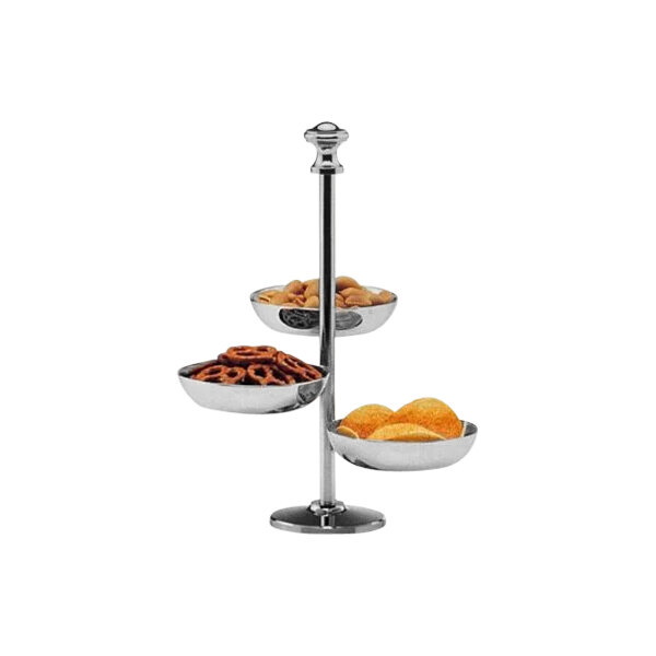 A Hepp by BauscherHepp stainless steel 3-tiered snack stand with bowls of snacks on each level.