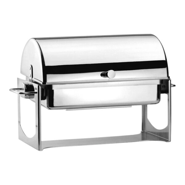 A Hepp by Bauscher stainless steel roll top chafer on a counter.