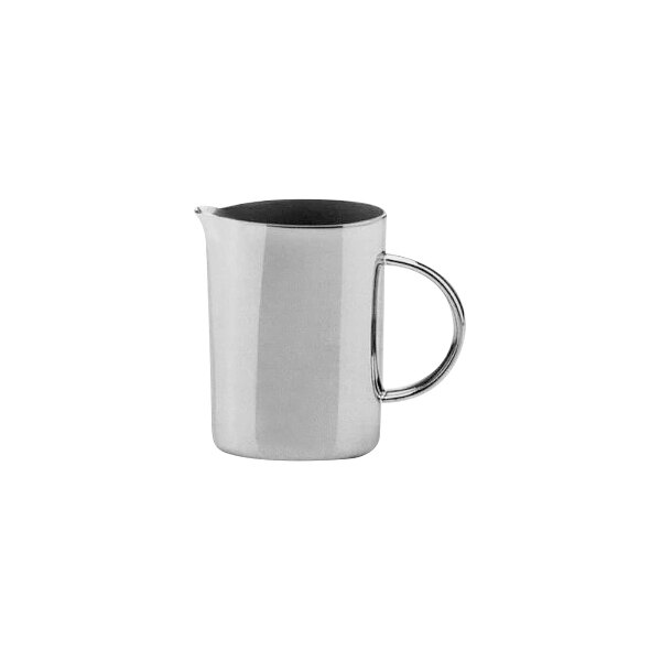A white stainless steel creamer with a black handle.