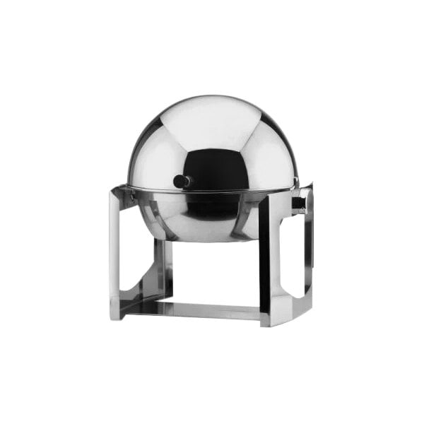 A Hepp Profile silver plated stainless steel round chafer with a lid on a stand.