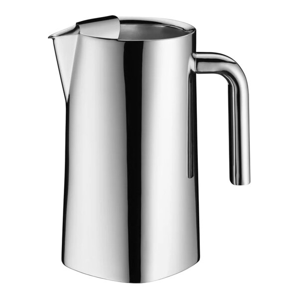 A silver WMF by BauscherHepp stainless steel water pitcher with a handle.
