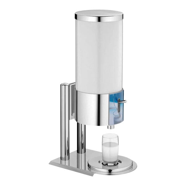A stainless steel and plastic milk dispenser.