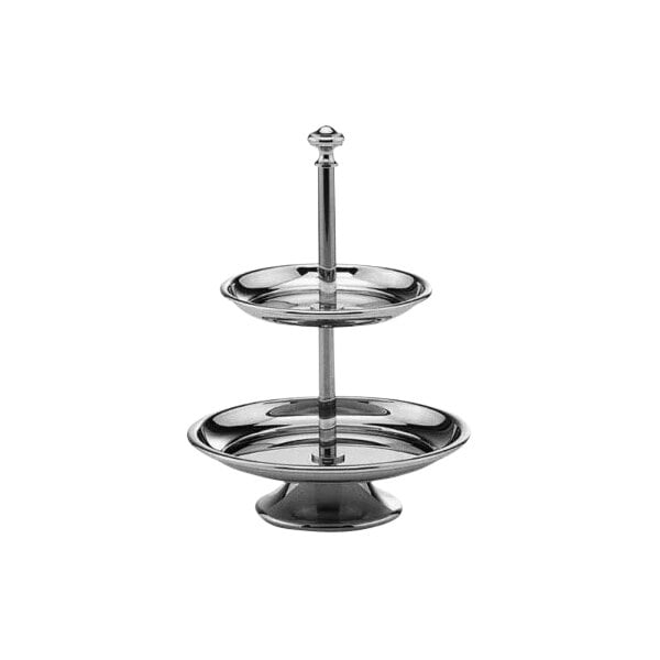 A silver two tiered Hepp by Bauscher pastry stand with round metal trays.