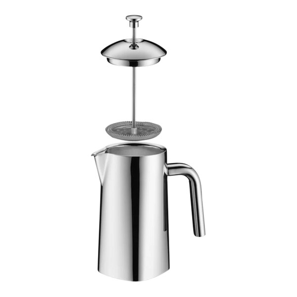 A silver WMF by BauscherHepp stainless steel coffee press with a lid and a handle.