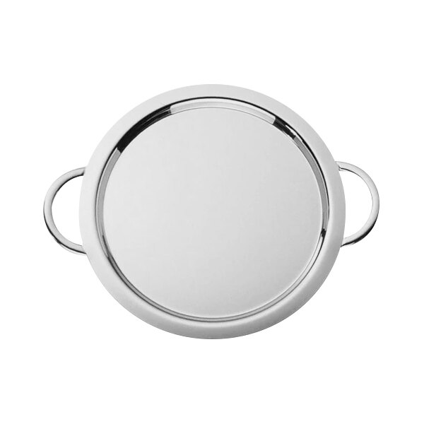 A Hepp by Bauscher stainless steel round banquet tray with handles.