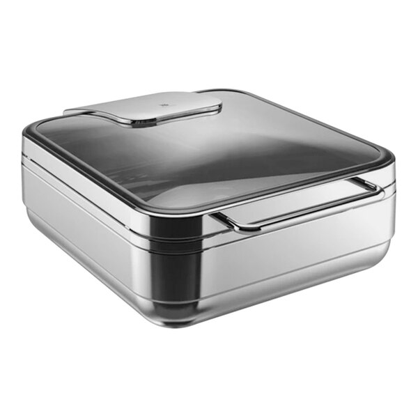 A silver rectangular stainless steel chafing dish with a clear lid.