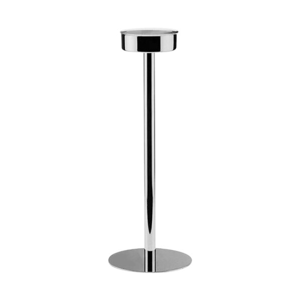 A silver plated stainless steel Hepp wine cooler stand with a round base.