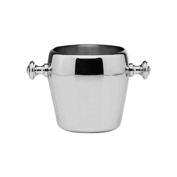 A silver ice bucket with two handles.