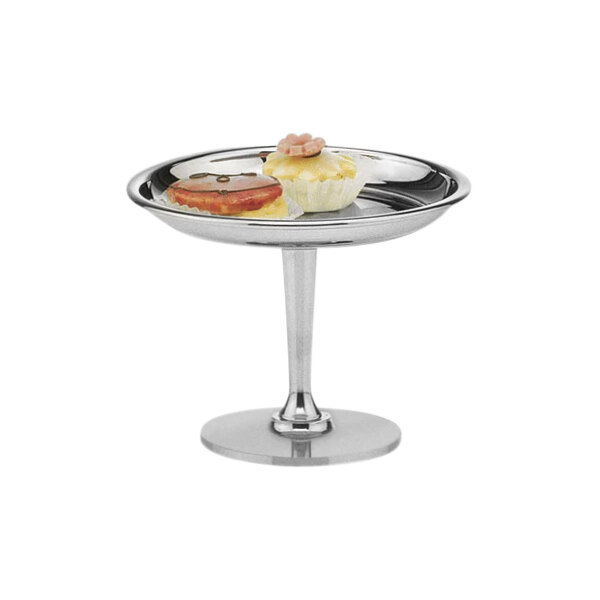 A silver stainless steel Hepp Profile pastry stand with food on it.