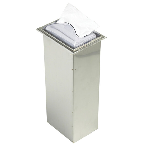 A clear plastic San Jamar napkin dispenser with a square top and control face.