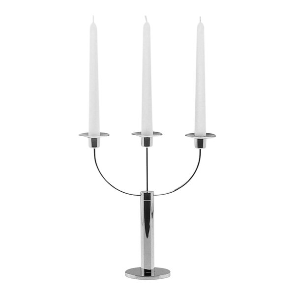 A silver Hepp Profile stainless steel candelabra holding three white candles.