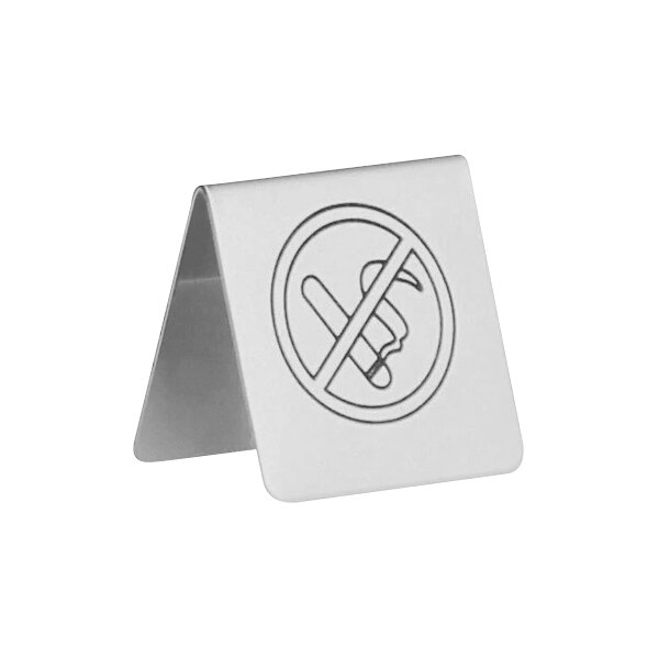 A Hepp by Bauscher stainless steel table tent with a "No Smoking" symbol on it.