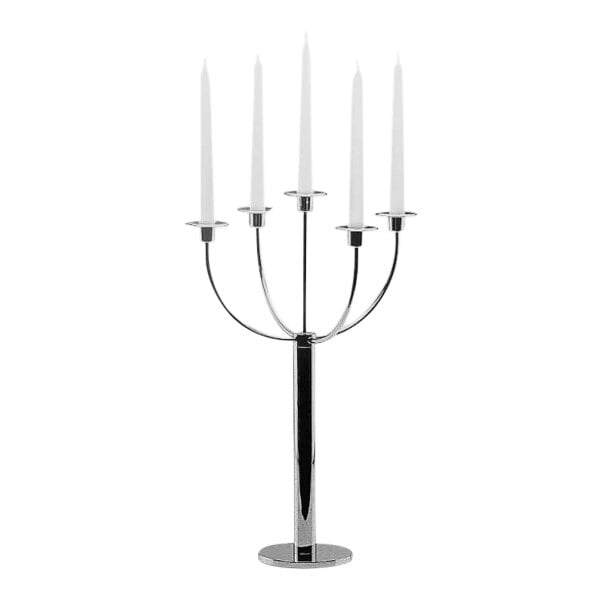 A Hepp by Bauscher silver plated stainless steel candelabra with five lit candles.
