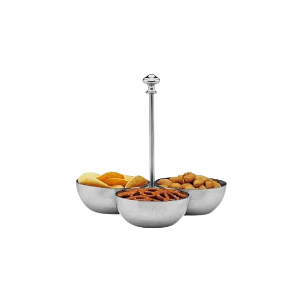 A Hepp stainless steel snack stand with three bowls of snacks.