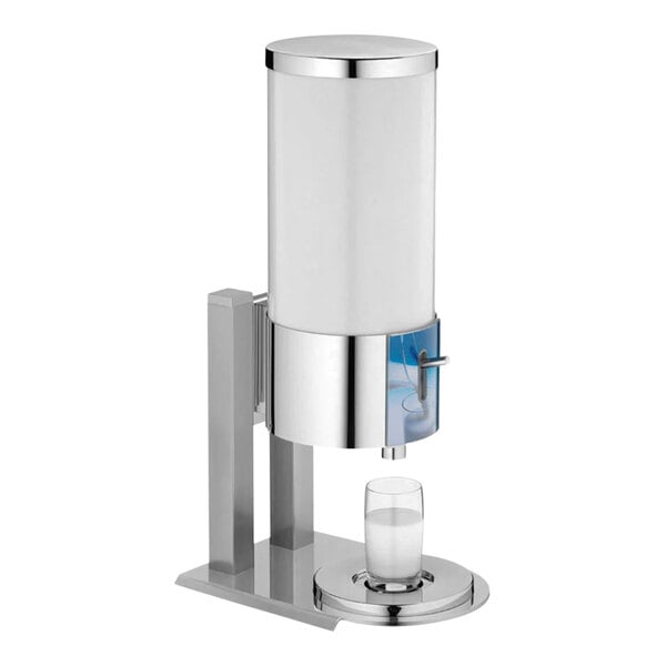 A stainless steel and plastic milk dispenser.