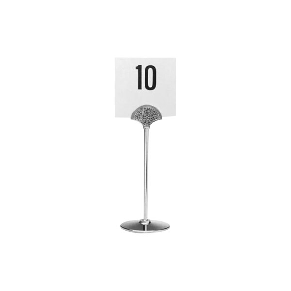 A Hepp stainless steel table card holder with a black number on a white card.