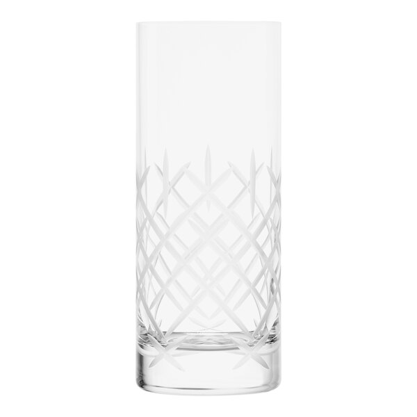 A close-up of a Stolzle Club clear long drink glass with a diamond pattern.
