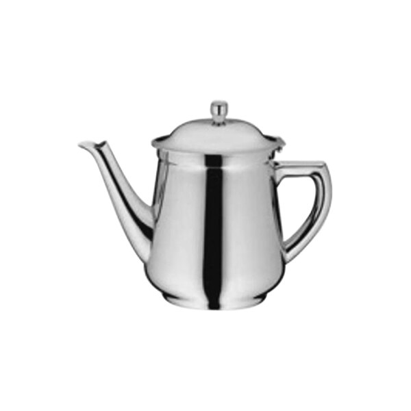 A silver stainless steel WMF teapot with a lid and metal handle.