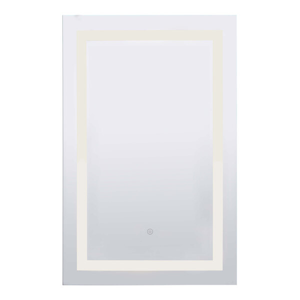 A rectangular white LED touch button mirror with a white border.