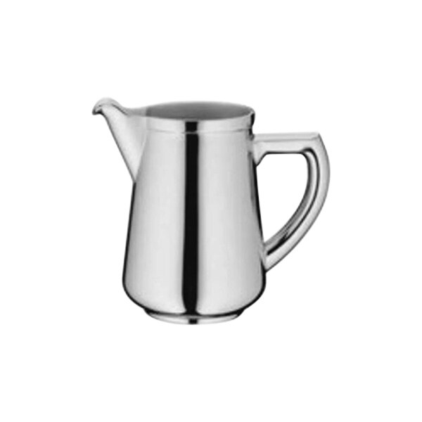 A silver plated stainless steel creamer with a handle.