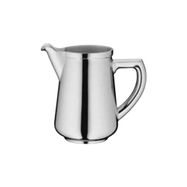 A WMF stainless steel creamer with a handle.