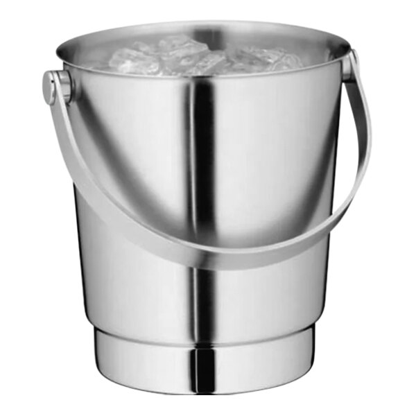A silver WMF stainless steel ice bucket filled with ice.