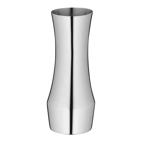 A close-up of a silver WMF by BauscherHepp stainless steel vase with a handle.