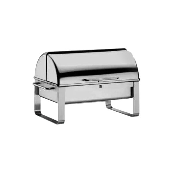 A WMF stainless steel chafer with a lid on a counter.