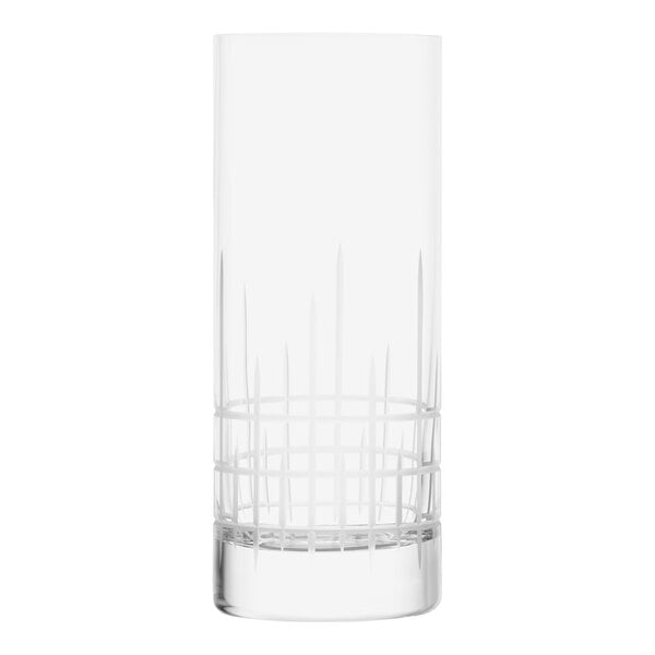 A close-up of a Stolzle Manhattan long drink glass with a white line design.