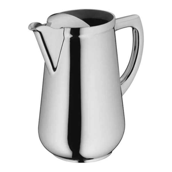 A silver WMF stainless steel water pitcher with a handle.