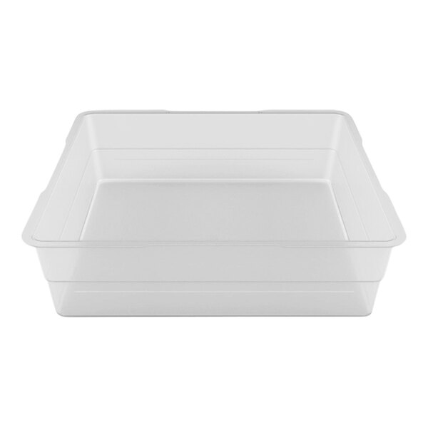 A clear plastic rectangular container with a lid.