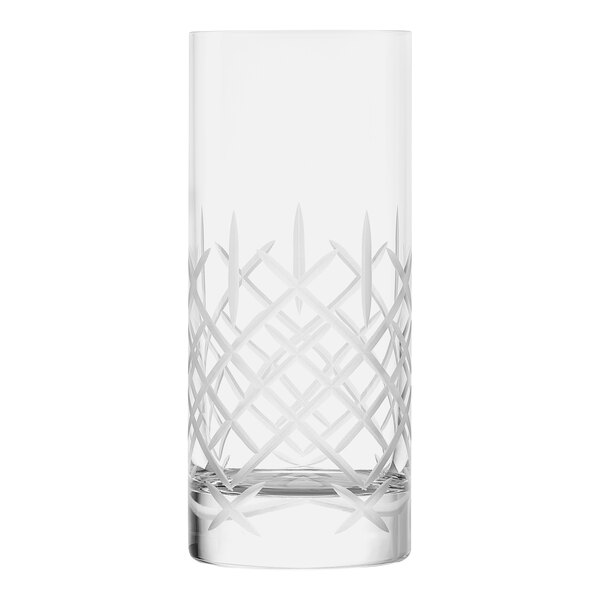 A clear Stolzle highball glass with a design on it.