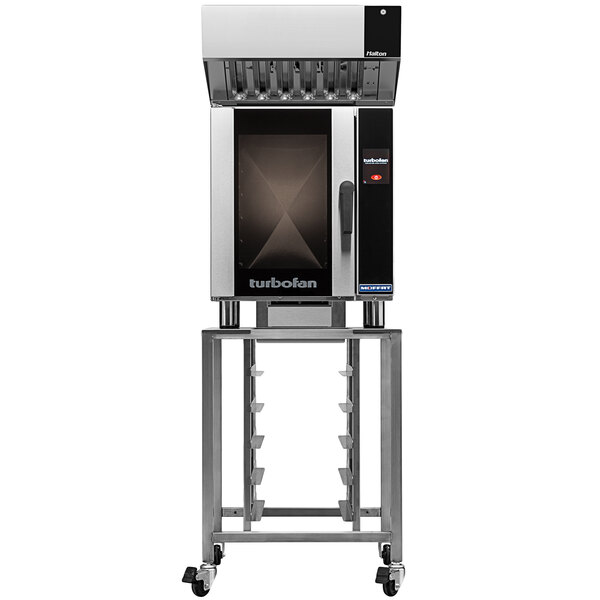 A Moffat Turbofan electric convection oven on a stainless steel stand.