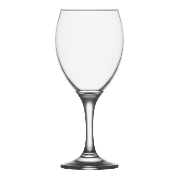 A close-up of a clear RAK Youngstown Firnley wine glass with a stem.
