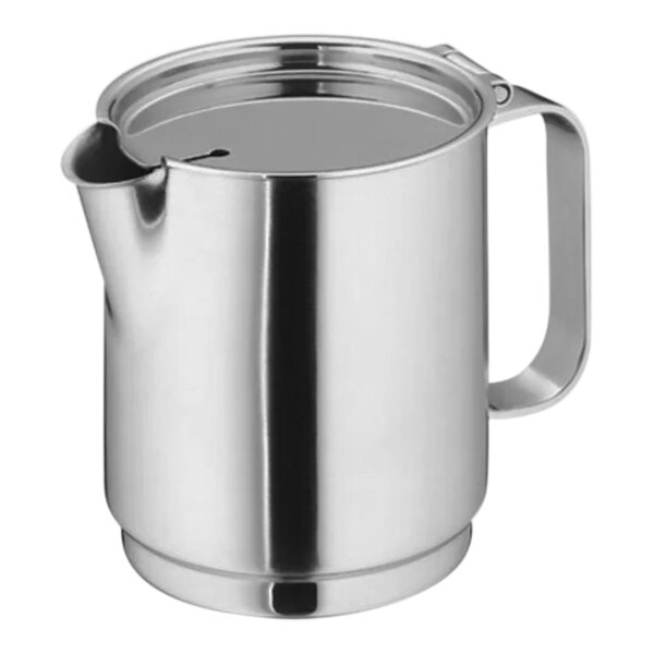 A WMF stainless steel tea pot with a handle.