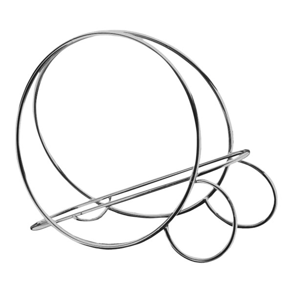 A stainless steel wine cradle with two loops on it.