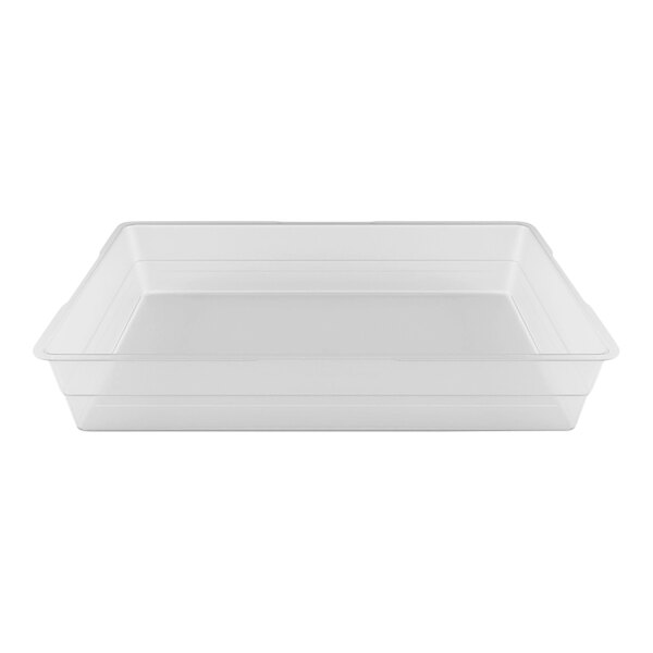 A clear plastic container with a lid on a white background.