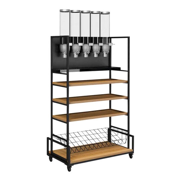 A black metal and wood Rosseto shelving cart with dispensers on it.