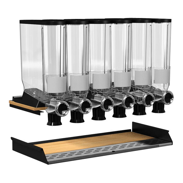 A group of clear containers with black handles.