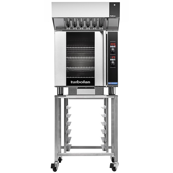 A Moffat commercial convection oven on a stainless steel stand with wheels.